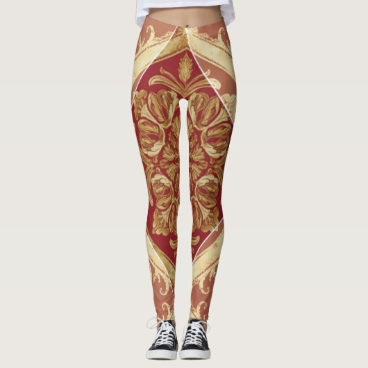 Luxury Athleisure: Golden Red Ornate Full-Length L Leggings (Voorkant)