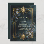 Luxury Baroque Gold Frame Dark Teal Floral Wedding Kaart (Voorkant / Achterkant)