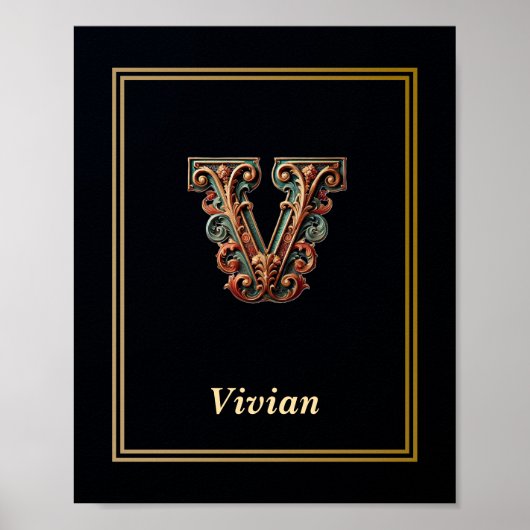 Luxury Baroque Letter V Monogram Poster  (Voorkant)
