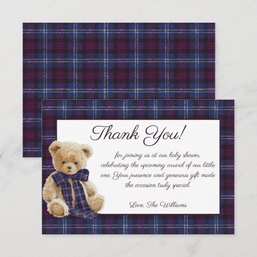 Luxury Bear Plaid Bow Baby Shower  Bedankkaart (Voorkant / Achterkant)