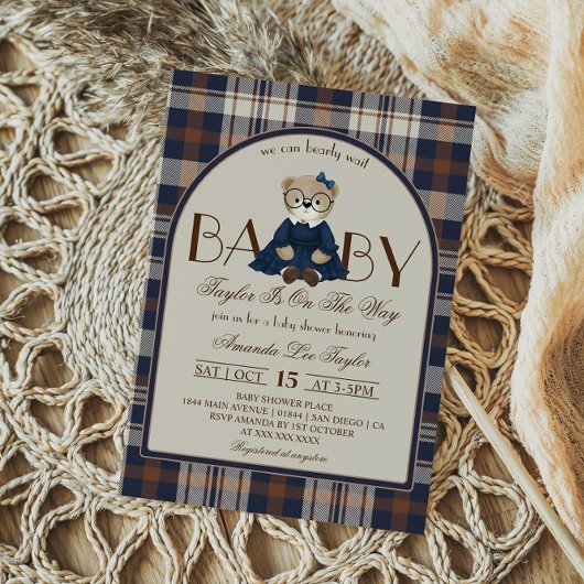 Luxury Bear Preppy Girl Baby Shower Kaart