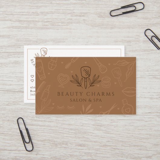 Luxury Beauty Charms Tan & Brown Makeup Logo Visitekaartje (Voorkant / Achterkant in situ)