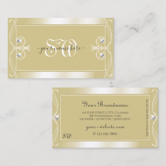 Luxury Beige Cream Sparkle Jewels Monogram  Visitekaartje (Voorkant / Achterkant)