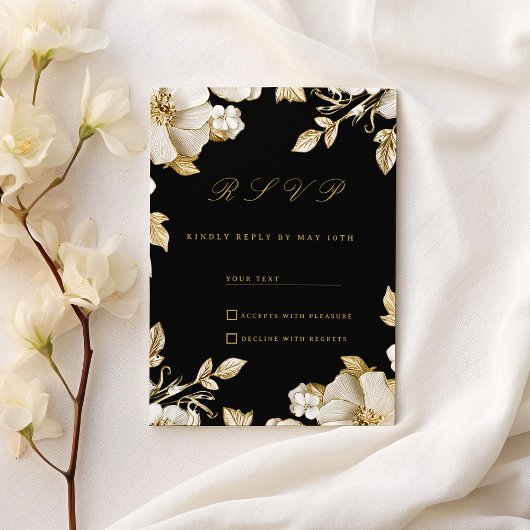 Luxury black and gold floral RSVP Kaart