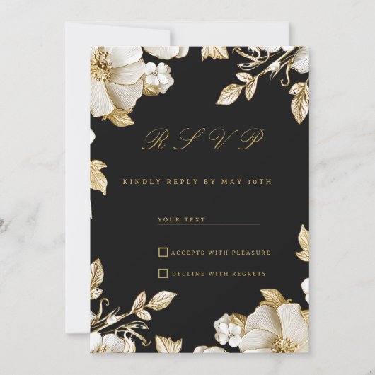 Luxury black and gold floral RSVP Kaart (Voorkant)