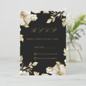Luxury black and gold floral RSVP Kaart (Staand voorkant)