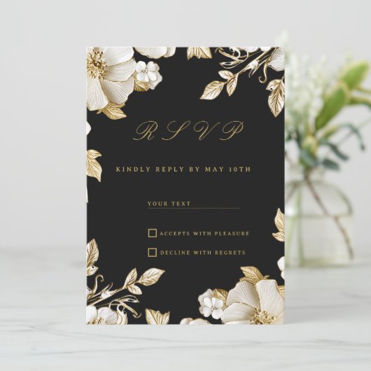 Luxury black and gold floral RSVP Kaart (Staand voorkant)