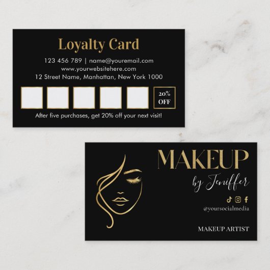 Luxury black and gold makeup artist Loyalty Card (Voorkant / Achterkant)