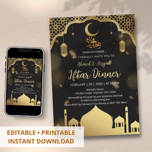 Luxury Black and Gold Mosque Iftar Dinner Kaart