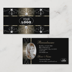 Luxury Black Beige Borders Logo en foto Visitekaartje