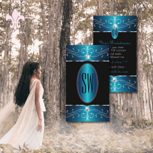 Luxury Black Blauwgroen Blue Ornamenten Monogram Visitekaartje