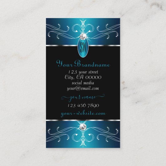 Luxury Black Blauwgroen Blue  Ornamenten Monogram Visitekaartje (Achterkant)