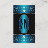 Luxury Black Blauwgroen Blue Ornamenten Monogram Visitekaartje (Voorkant)