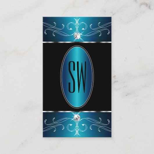Luxury Black Blauwgroen Blue  Ornamenten Monogram Visitekaartje (Voorkant)