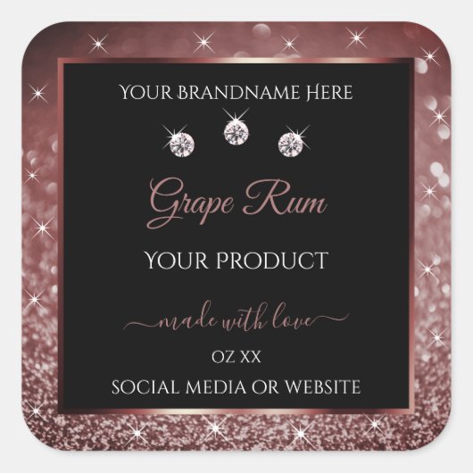 Luxury Black Burgundy Glitter Product Label Jewels (Voorkant)