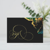 Luxury Black Emerald Gold Wedding RSVP Kaartje (Staand voorkant)