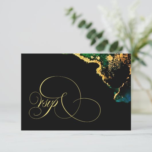 Luxury Black Emerald Gold Wedding RSVP Kaartje (Staand voorkant)