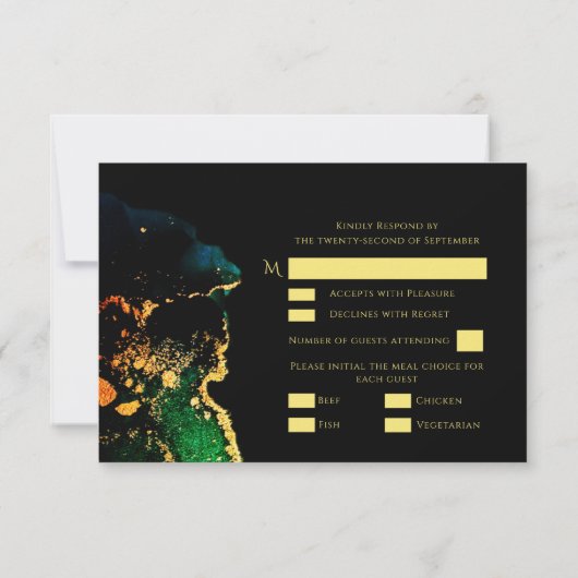 Luxury Black Emerald Gold Wedding RSVP Kaartje (Achterkant)