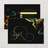 Luxury Black Emerald Gold Wedding RSVP Kaartje (Voorkant / Achterkant)