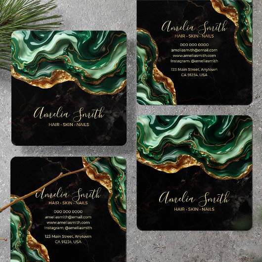 Luxury Black & Emerald Green Marble with Gold Glit Vierkante Visitekaartje