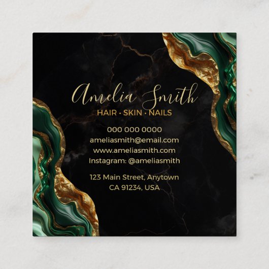 Luxury Black & Emerald Green Marble with Gold Glit Vierkante Visitekaartje (Achterkant)
