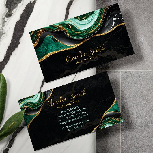 Luxury Black & Emerald Green Marble with Gold Visitekaartje