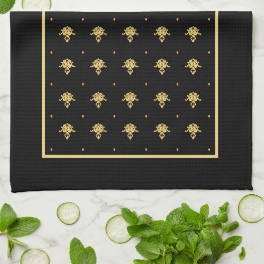 Luxury Black en Gold  Damask-patroon Theedoek (Gevouwen)