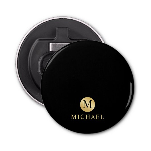 Luxury Black en Gold-gepersonaliseerd monogram Button Flesopener (Voorkant)