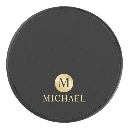 Luxury Black en Gold-gepersonaliseerd monogram Hockey Puck (Voorkant)