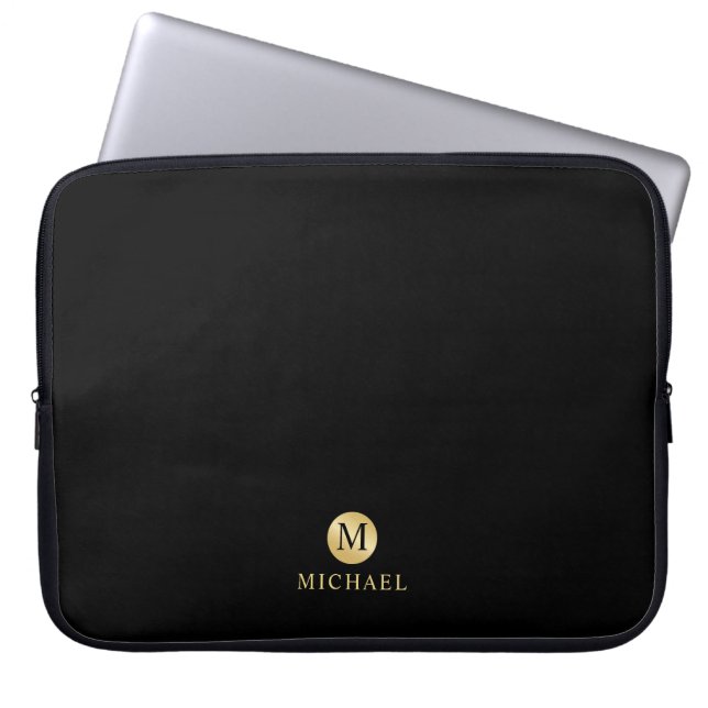 Luxury Black en Gold-gepersonaliseerd monogram Laptop Sleeve (Voorkant)