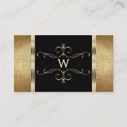 Luxury Black en Gold Glitter Ornamental Monogram Visitekaartje (Voorkant)