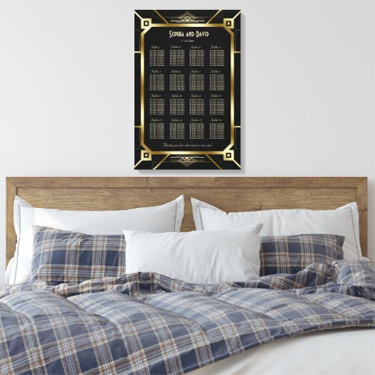 Luxury Black en Gold Great Gatsby Seating Chart Canvas Afdruk (Insitu (Slaapkamer))