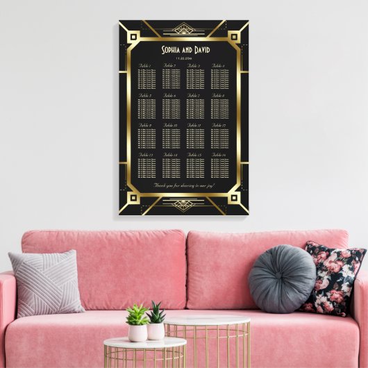 Luxury Black en Gold Great Gatsby Seating Chart Canvas Afdruk (Insitu (Woonkamer))
