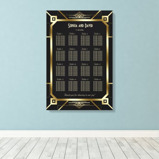 Luxury Black en Gold Great Gatsby Seating Chart Canvas Afdruk (Insitu (Houten vloer))