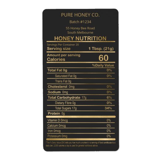 Luxury Black en Gold Honey Nutritional Label (Voorkant)