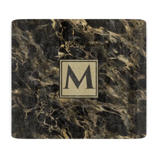 Luxury Black en Gold Marble | Monogram Snijplank (Voorkant)