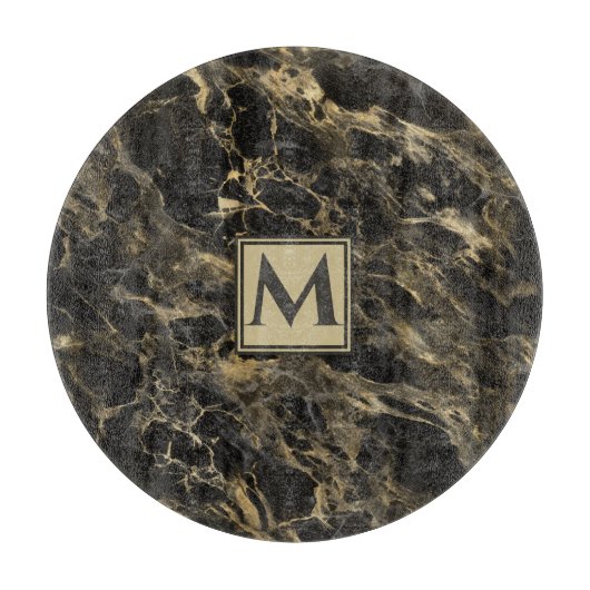 Luxury Black en Gold Marble | Monogram Snijplank (Voorkant)