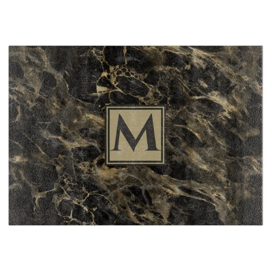 Luxury Black en Gold Marble | Monogram Snijplank (Voorkant)