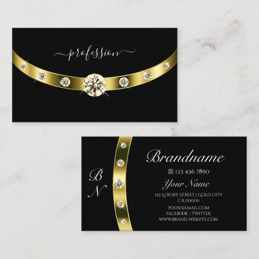 Luxury Black en Gold met Monogram Professional Visitekaartje (Voorkant / Achterkant)