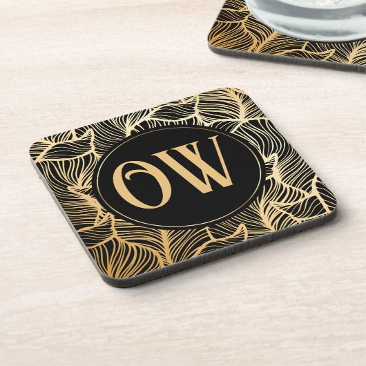 Luxury Black en Gold Monogram Bier Onderzetter (Linkerzijde)