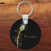 Luxury Black en Gold Peacock Feather Sleutelhanger (Voorkant)