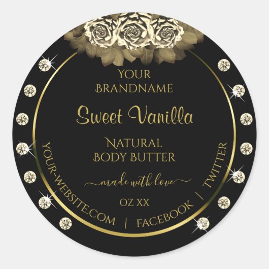 Luxury Black en Gold Product Label Rozen Diamonds (Voorkant)
