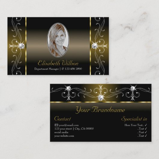 Luxury Black en Gold Squiggings Jewels met foto Visitekaartje (Voorkant / Achterkant)