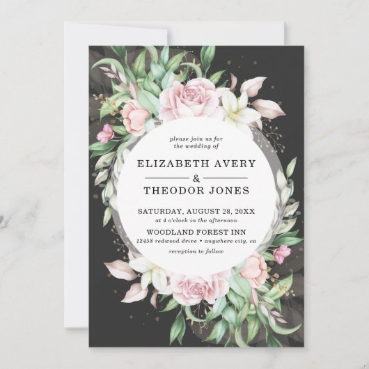 Luxury Black en Pink Floral Wedding Kaart (Voorkant)