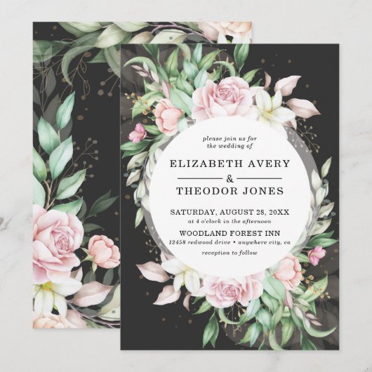 Luxury Black en Pink Floral Wedding Kaart (Voorkant / Achterkant)