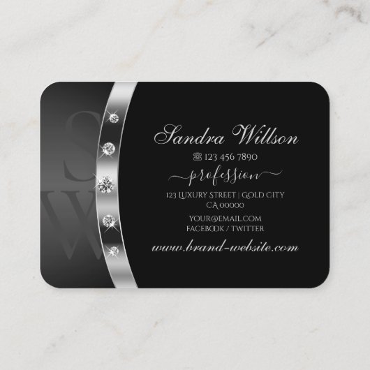 Luxury Black en Silver met Initialen Rhinestones Visitekaartje (Achterkant)