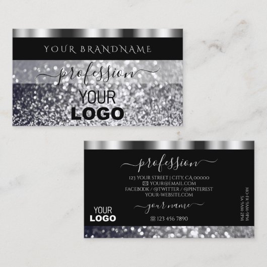 Luxury Black en Silver Sparking Glitter Add Logo Visitekaartje (Voorkant / Achterkant)