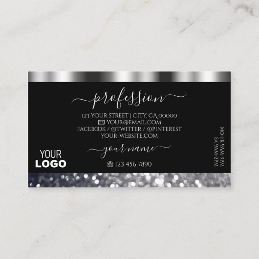 Luxury Black en Silver Sparking Glitter Add Logo Visitekaartje (Achterkant)