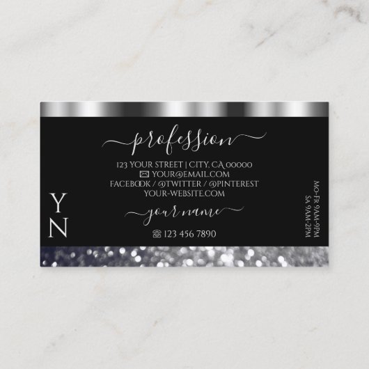 Luxury Black en Silver Sparking Glitter Monogram Visitekaartje (Achterkant)