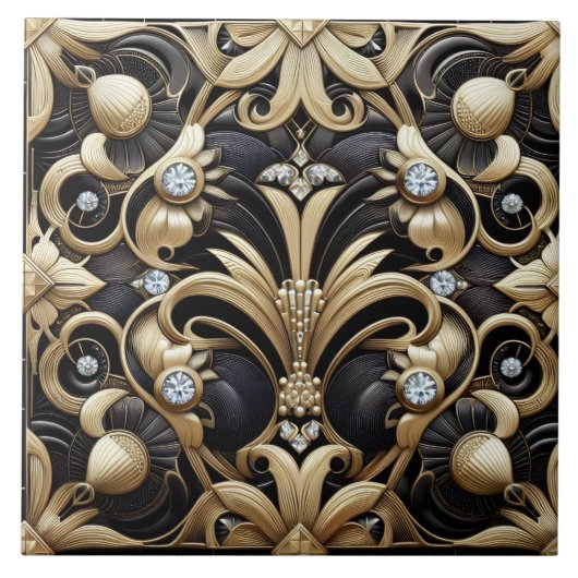 Luxury Black & Gold Art Deco Ceramic Tile  Tegeltje (Voorkant)